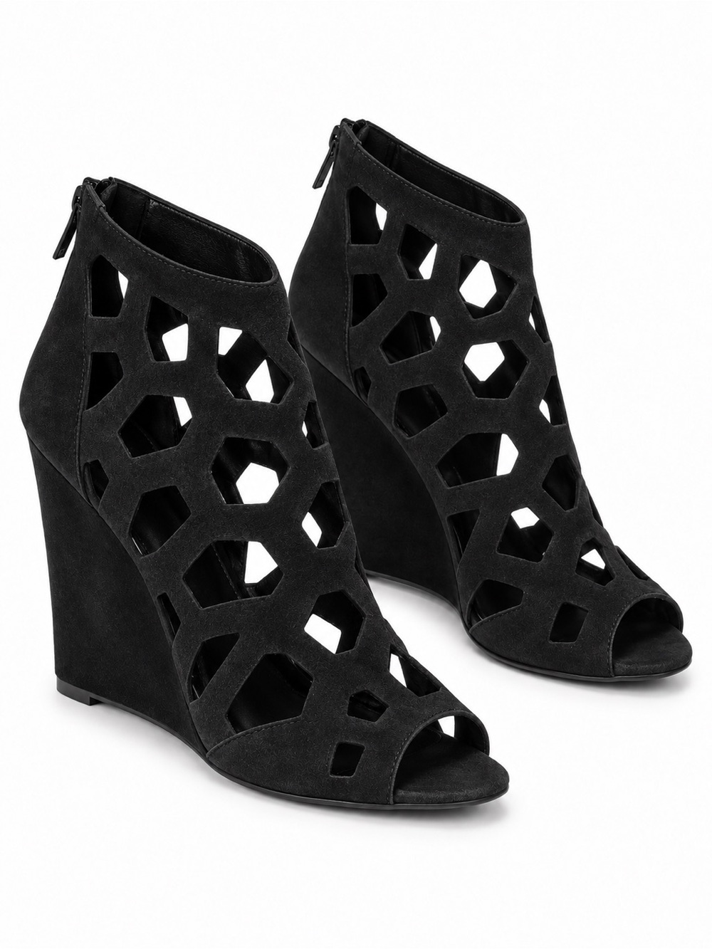 BCBG black suede leather geometric hexagon honeycomb cage cutout wedge heels 7.5